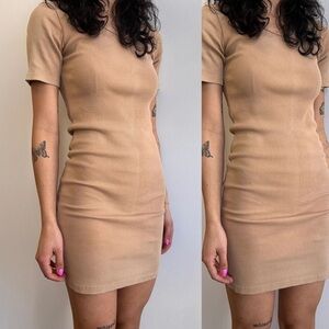 Rudy Jude Organic Cotton Backyard Mini Dress Ribbed Knit in Tan size M